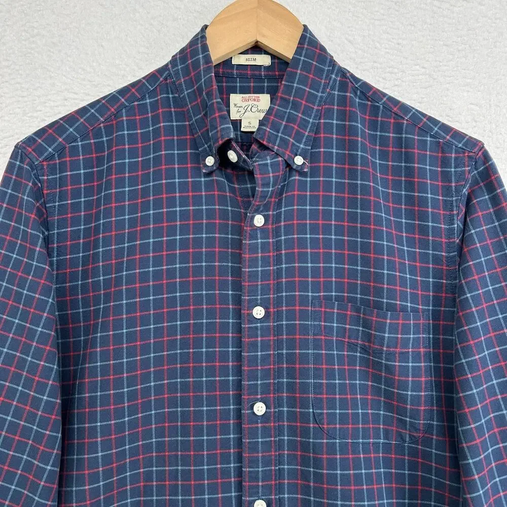 J.CREW Shirt Mens S All Cotton Oxford Slim Fit Tattersall Check Button Up Blue